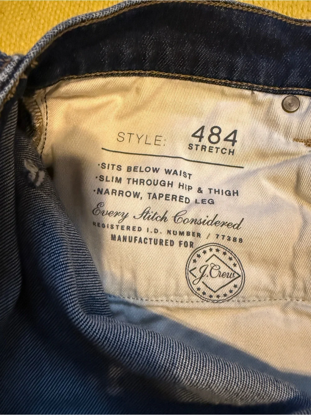 Men’s J Crew 484s, dark blue jeans